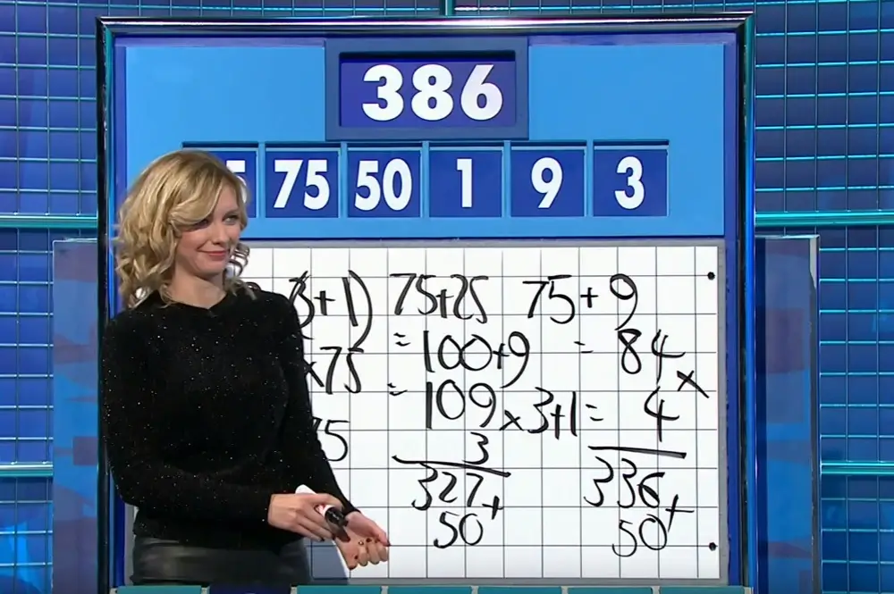 Rachel Riley presenting the UK Channel 4 Countdown numbers game during an episode of the gameshow.